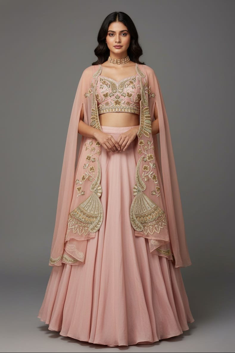 Dusty Pink Silk Crop Top Lehenga with Cutdana Beaded Worked Jacket
