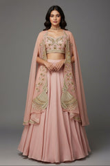 Dusty Pink Silk Crop Top Lehenga with Cutdana Beaded Worked Jacket