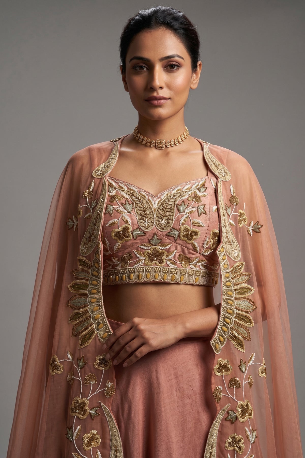 Dusty Pink Silk Crop Top Lehenga with Cutdana Beaded Worked Jacket