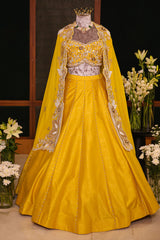 Yellow Raw Silk Beaded Crop Top Lehenga with Shrug