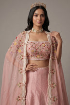 Dusty Pink Raw Silk Beaded Crop Top Lehenga with Shrug