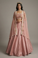 Dusty Pink Raw Silk Beaded Crop Top Lehenga with Shrug