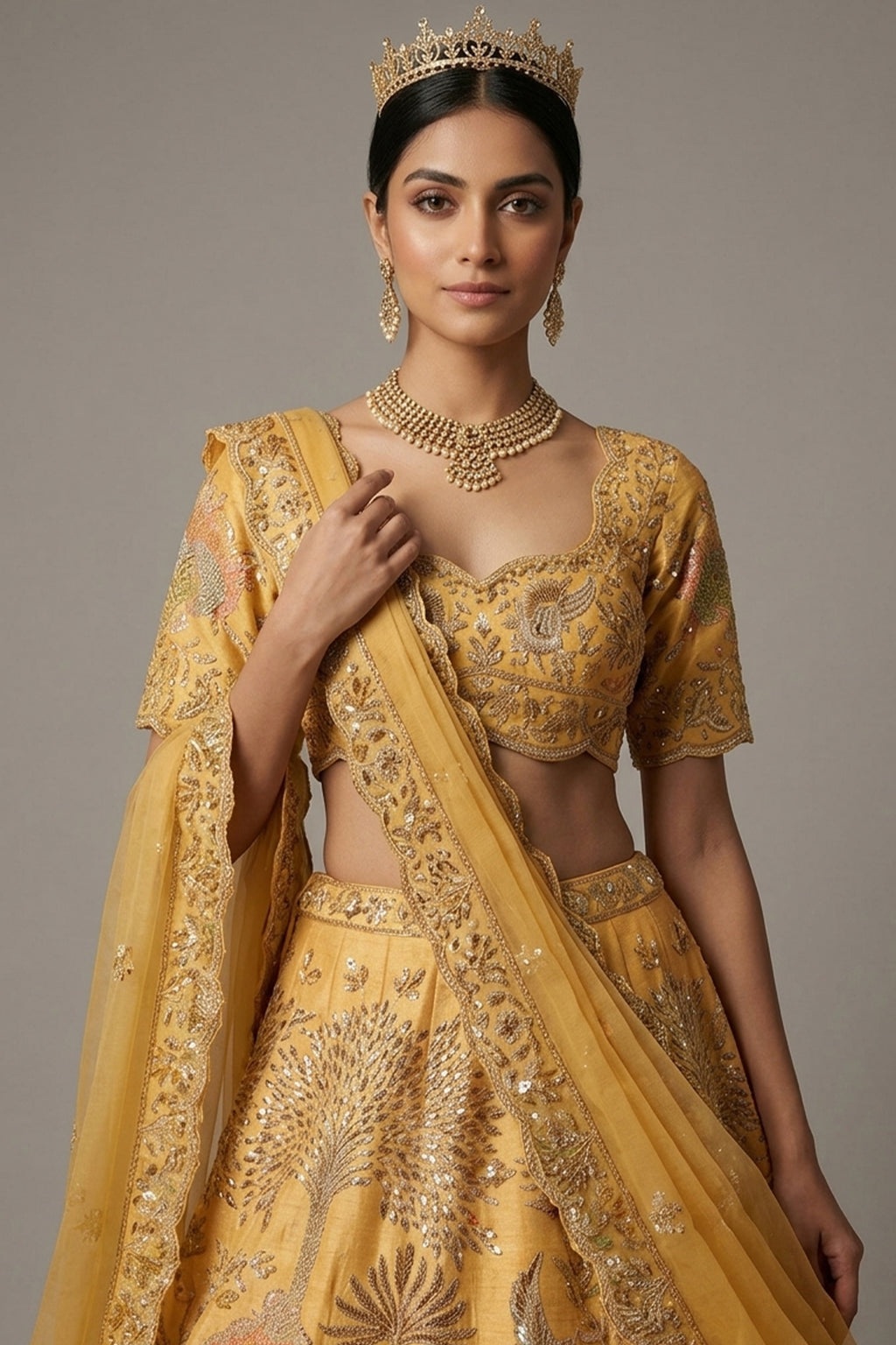 Golden Embellished Silk Sequin and Embroidered Work Lehenga