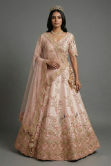 Light Pink Silk Peacock Motifs Zardosi and Sequin Worked Lehenga with Scalloped Border