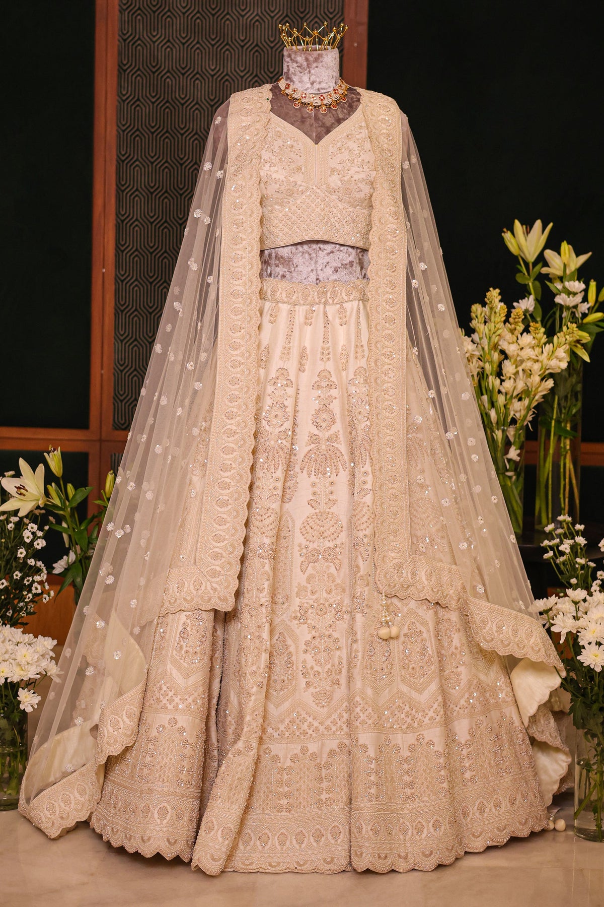 Pearl White Raw Silk Embellished Beads and Cutdana Worked lehenga