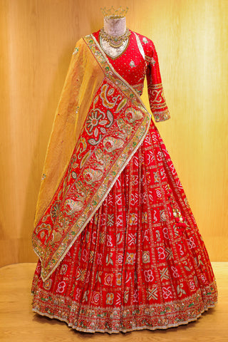Red Gaji Silk Gharchola Lehenga with Applique and Embroidery Work Lehenga