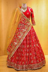 Red Gaji Silk Gharchola Lehenga with Applique and Embroidery Work Lehenga