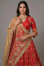 Red Gaji Silk Gharchola Lehenga with Applique and Embroidery Work Lehenga