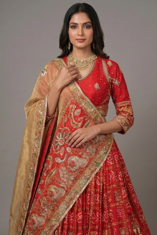 Red Gaji Silk Gharchola Lehenga with Applique and Embroidery Work Lehenga