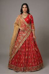 Red Gaji Silk Gharchola Lehenga with Applique and Embroidery Work Lehenga