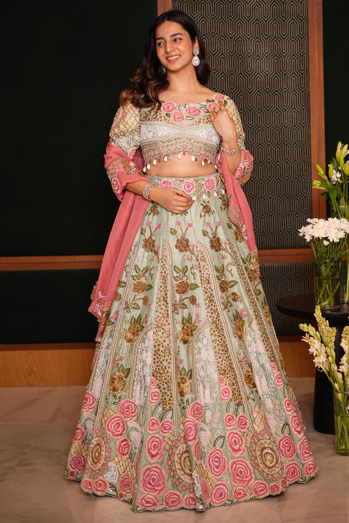 Pista Green Raw Silk Floral Resham Embroidered and Embellished Bead Work Lehenga