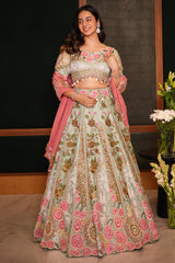 Pista Green Raw Silk Floral Resham Embroidered and Embellished Bead Work Lehenga