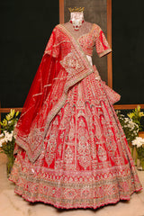 Red Tissue Designer Zardosi and Pearl Worked Lehenga