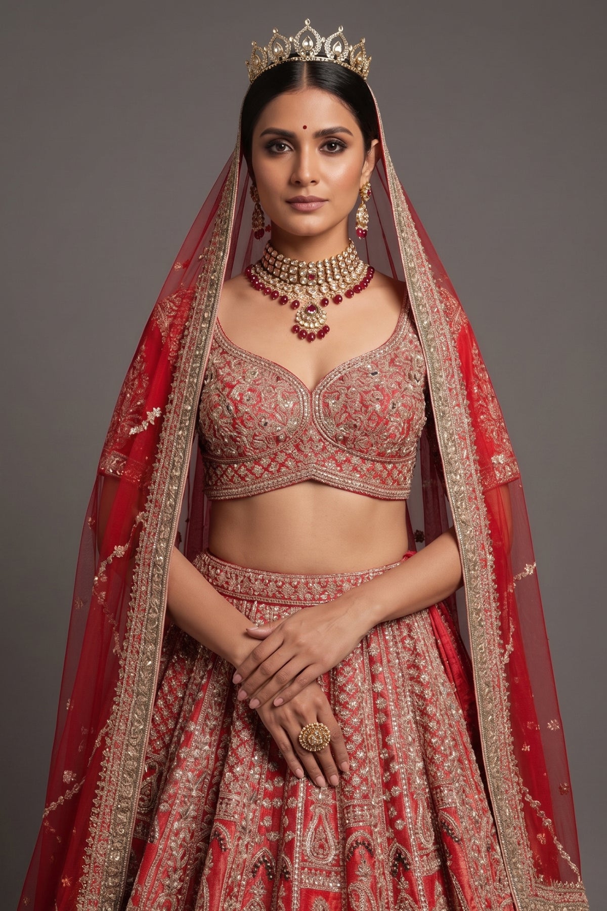 Red Tissue Designer Zardosi and Pearl Worked Lehenga
