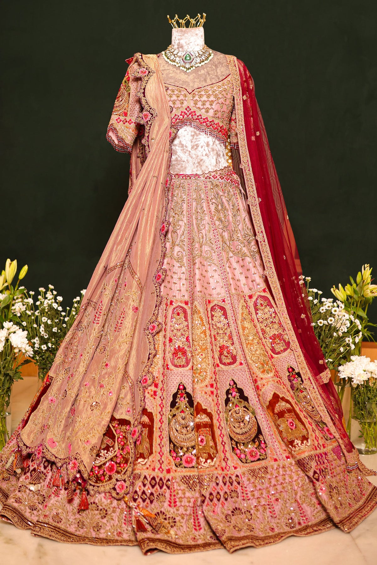 Dusty Pink Silk Zardosi and Velvet Patch Worked Lehenga with Double Dupatta