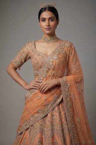 Dusty Peach Tissue Designer Zardosi and Sequin Cutdana Embellished Work Lehenga