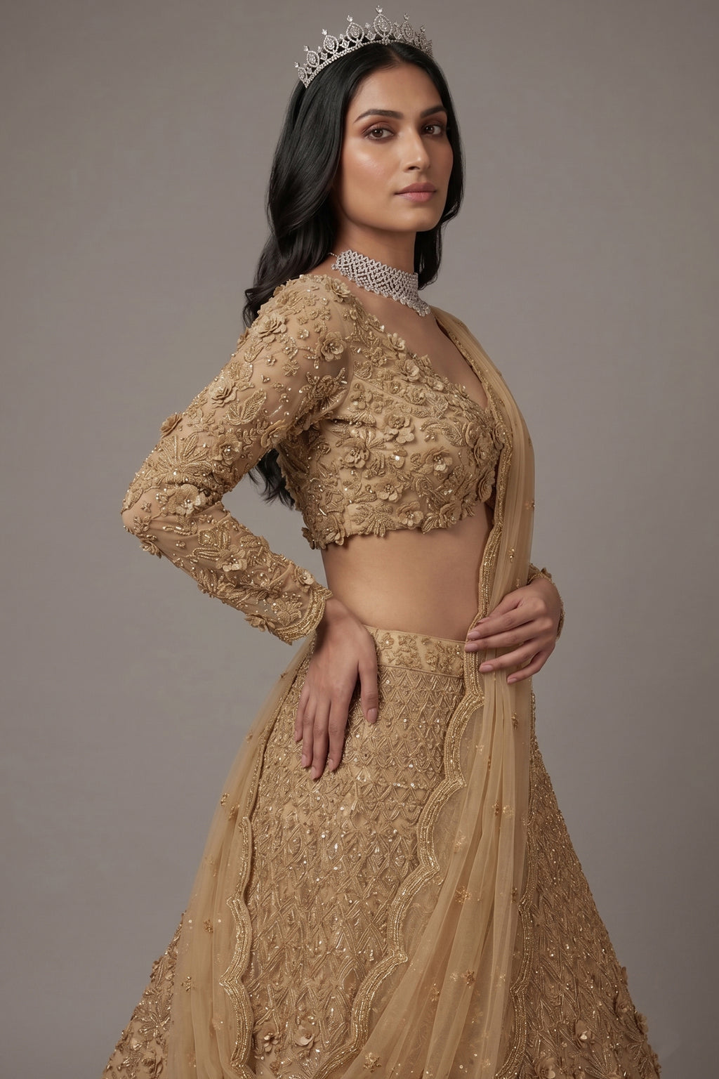 Champagne Beige Designer Sequinned and 3D Flower Worked Lehenga