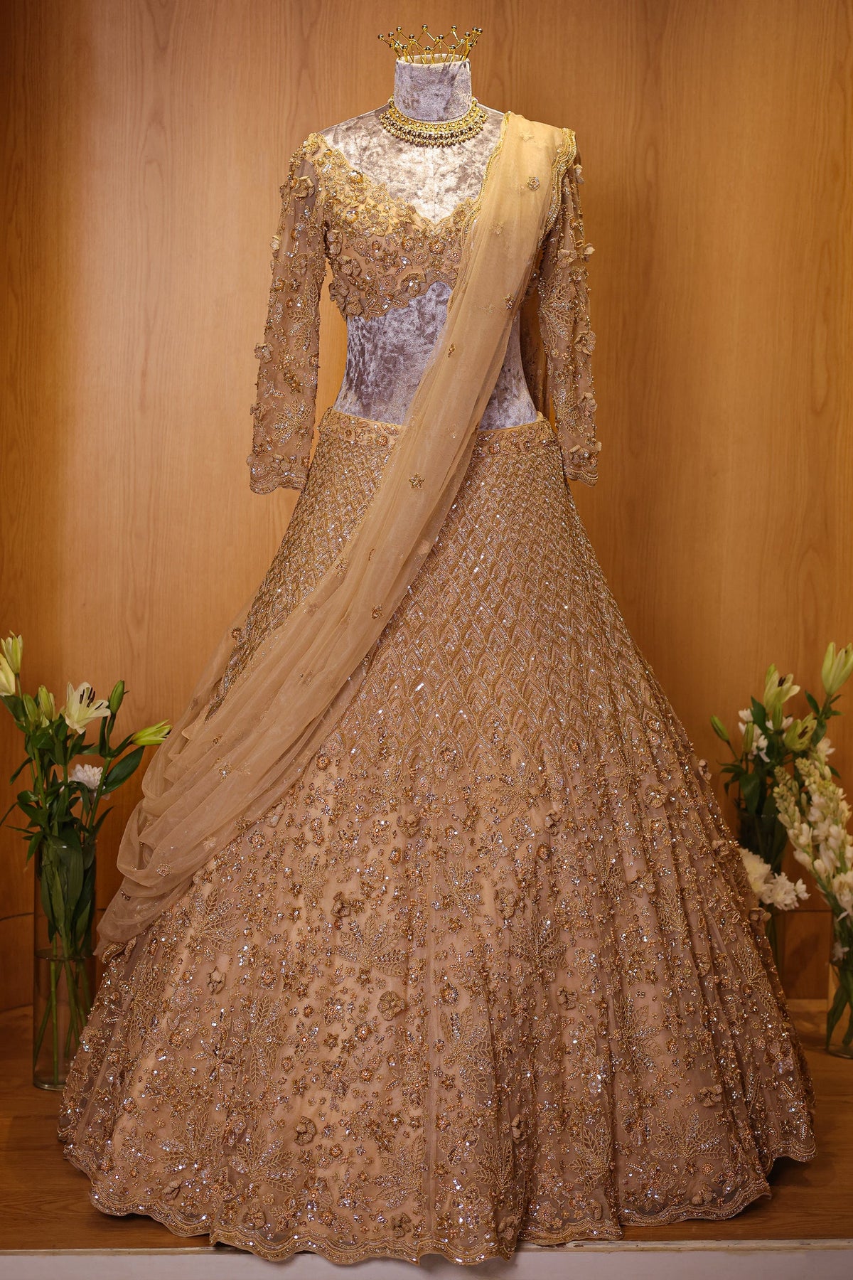Champagne Beige Designer Sequinned and 3D Flower Worked Lehenga