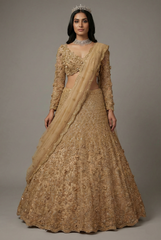 Champagne Beige Designer Sequinned and 3D Flower Worked Lehenga