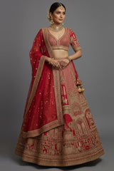 Red Matka Silk Designer Bridal Lehenga with Double Dupatta