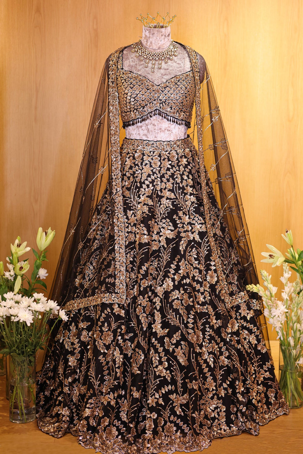 Black Net All Over Sequinned Designer Lehenga
