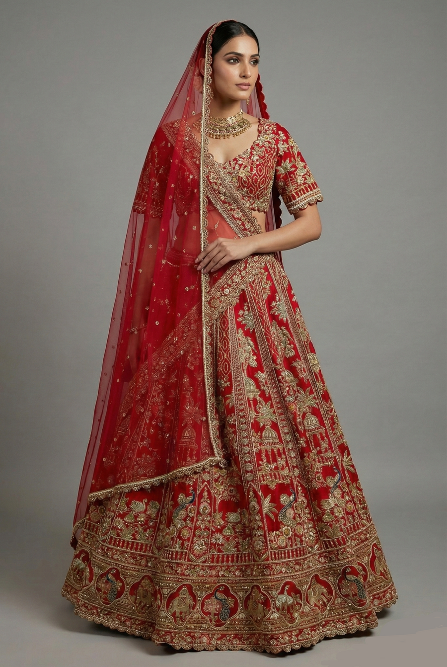 Red Matka Silk Designer Bridal Lehenga with Double Dupatta
