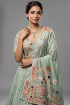 Aqua Green Tissue Designer Bead and Multi Thread Floral Work Lehenga