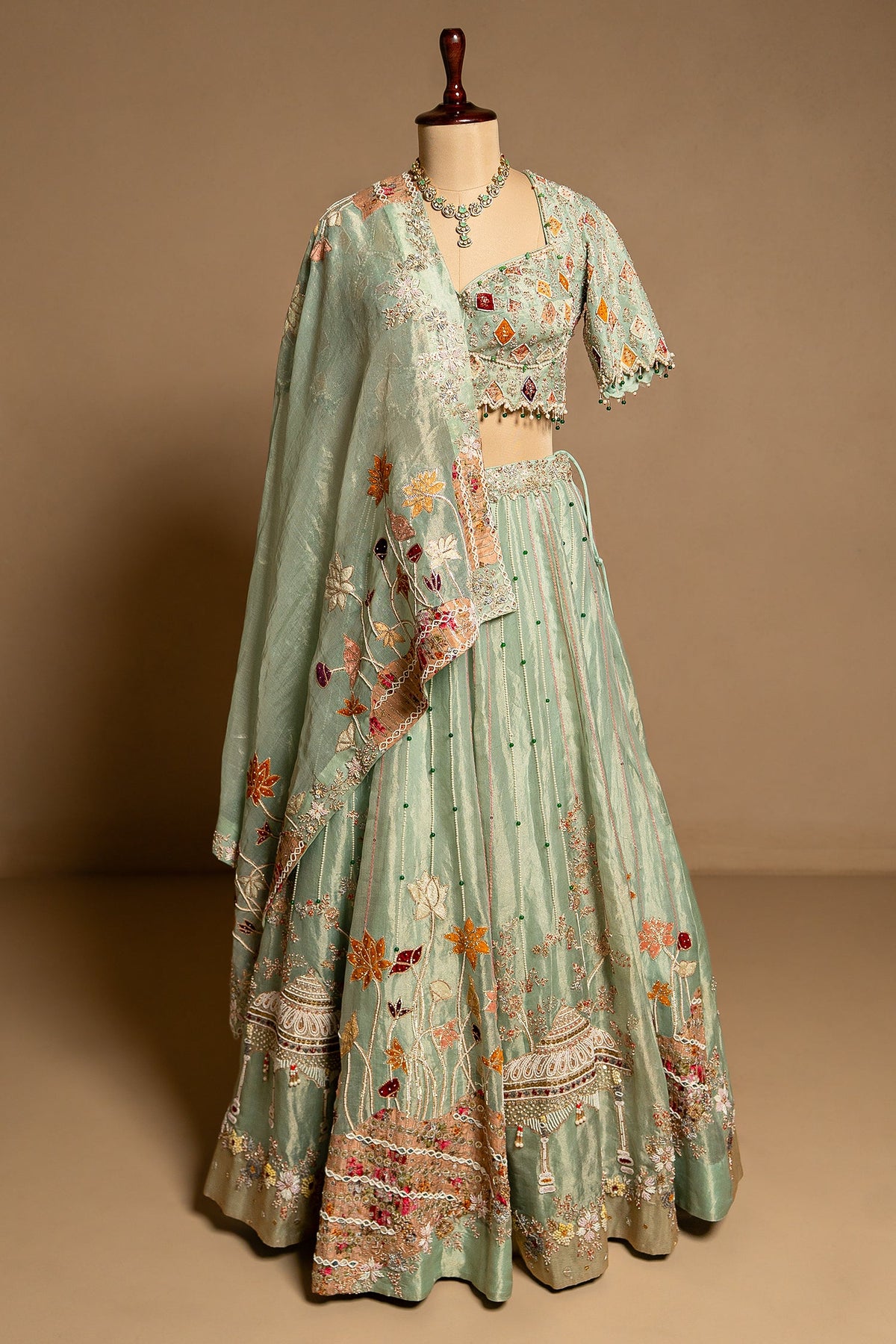 Aqua Green Tissue Designer Bead and Multi Thread Floral Work Lehenga