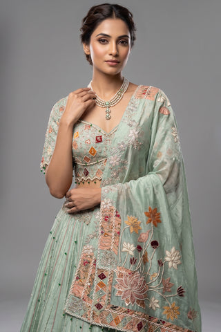 Aqua Green Tissue Designer Bead and Multi Thread Floral Work Lehenga