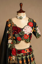 Black Raw Silk Floral Embroidered and Sequin Beaded Worked Lehenga