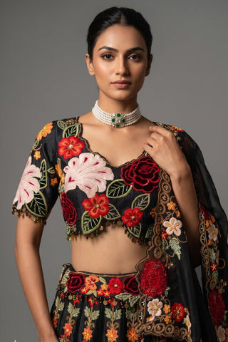 Black Raw Silk Floral Embroidered and Sequin Beaded Worked Lehenga