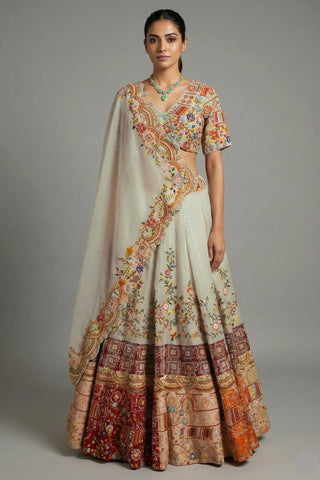 Light Grey Organza Floral Embroidered and Sequin Worked Lehenga