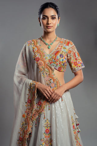 Light Grey Organza Floral Embroidered and Sequin Worked Lehenga