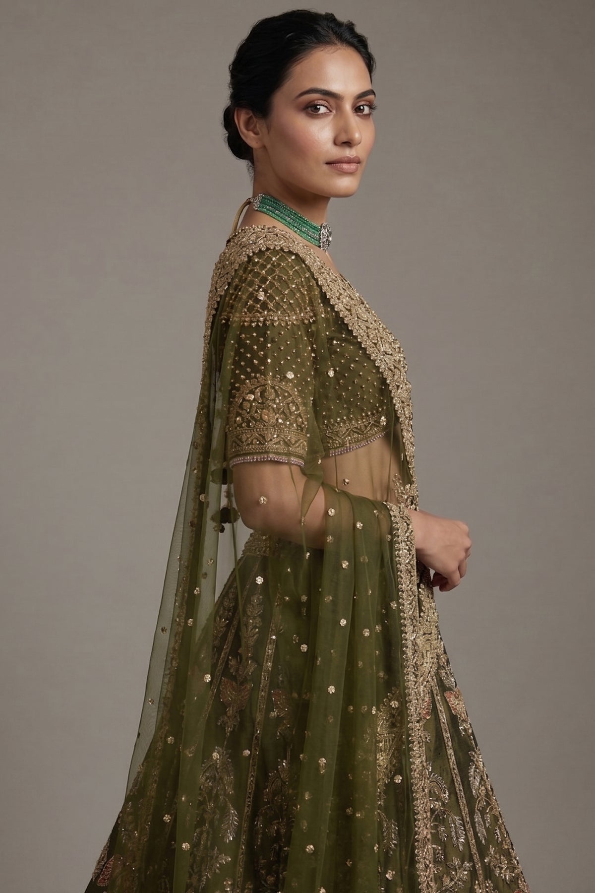 Olive Green Matka Silk Zardosi and Sequin Worked Lehenga with Double Dupatta