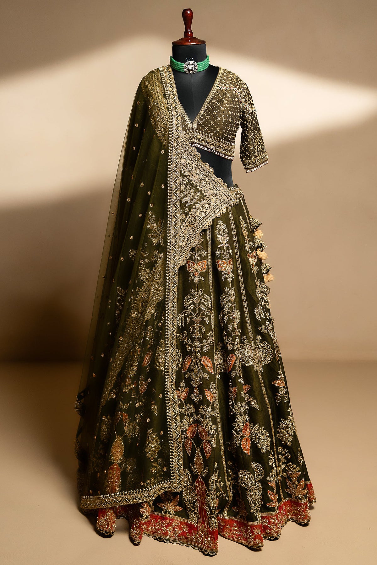 Olive Green Matka Silk Zardosi and Sequin Worked Lehenga with Double Dupatta