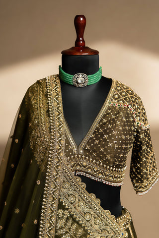 Olive Green Matka Silk Zardosi and Sequin Worked Lehenga with Double Dupatta