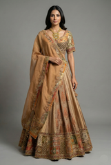 Beige Tissue Silk Printed Lehenga with Zardosi Work
