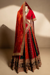 Multi Colored Matka Silk Designer Bridal Lehenga with Double Dupatta
