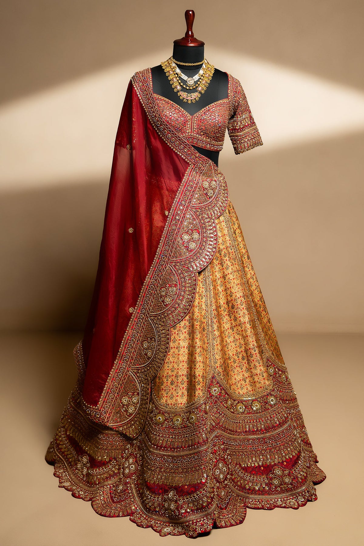 Golden Matka Silk Printed Lehenga with Contrast Scallop Border