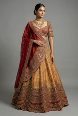Golden Matka Silk Printed Lehenga with Contrast Scallop Border