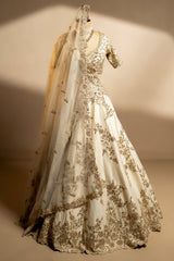 Pearl White Raw Silk Designer Zardosi Worked Lehenga with Double Dupatta