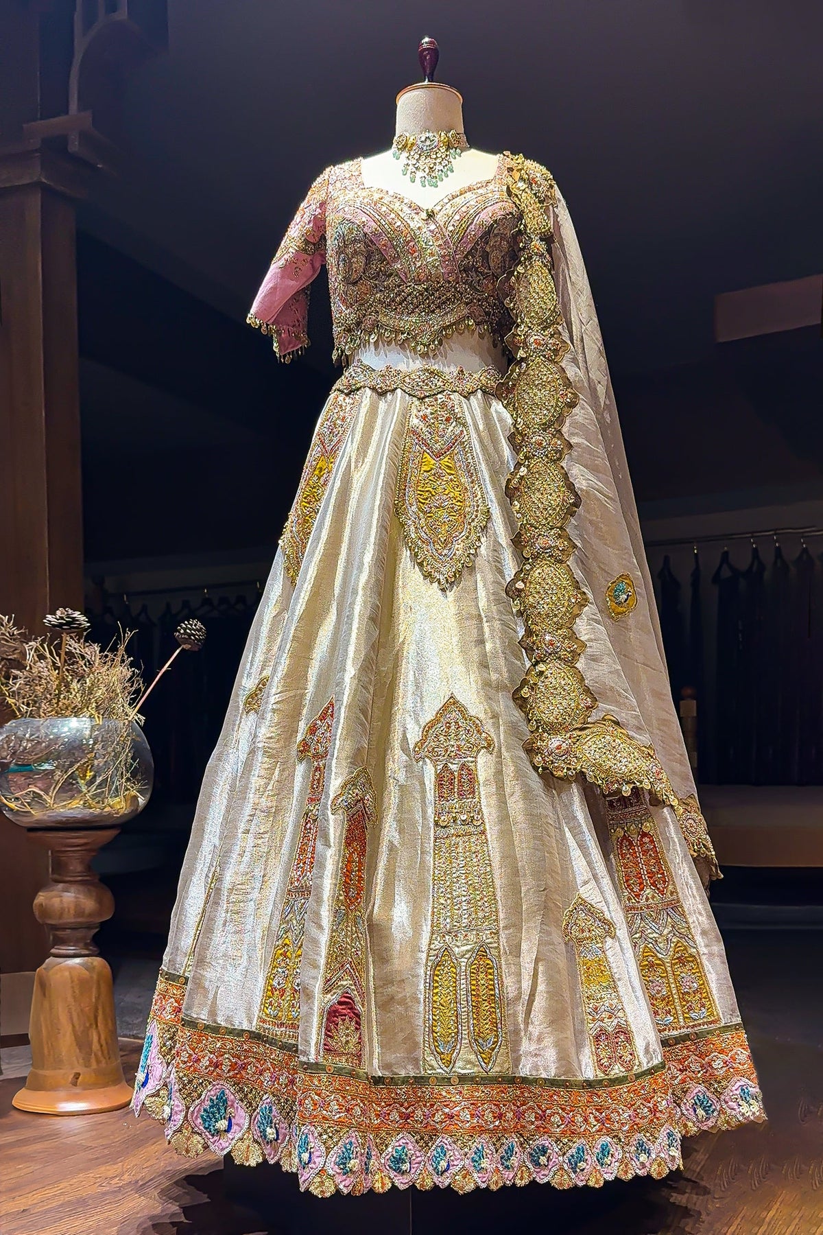 Golden Tissue Silk Desginer Embroidered and Zardosi Patch Worked Lehenga