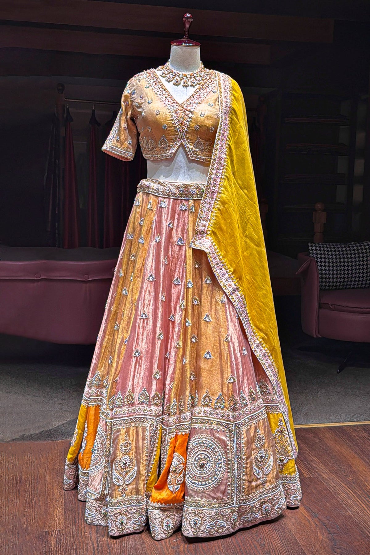 Multi Colored Tissue Silk Desginer Beaded and Zardosi Worked Lehenga