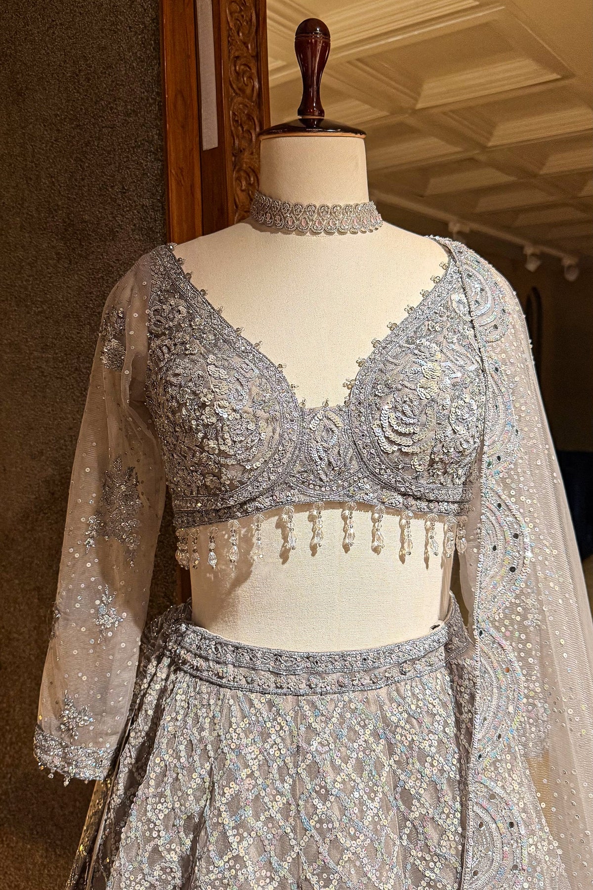Grey Net Designer All Over Sequinned and Mirror Worked Lehenga