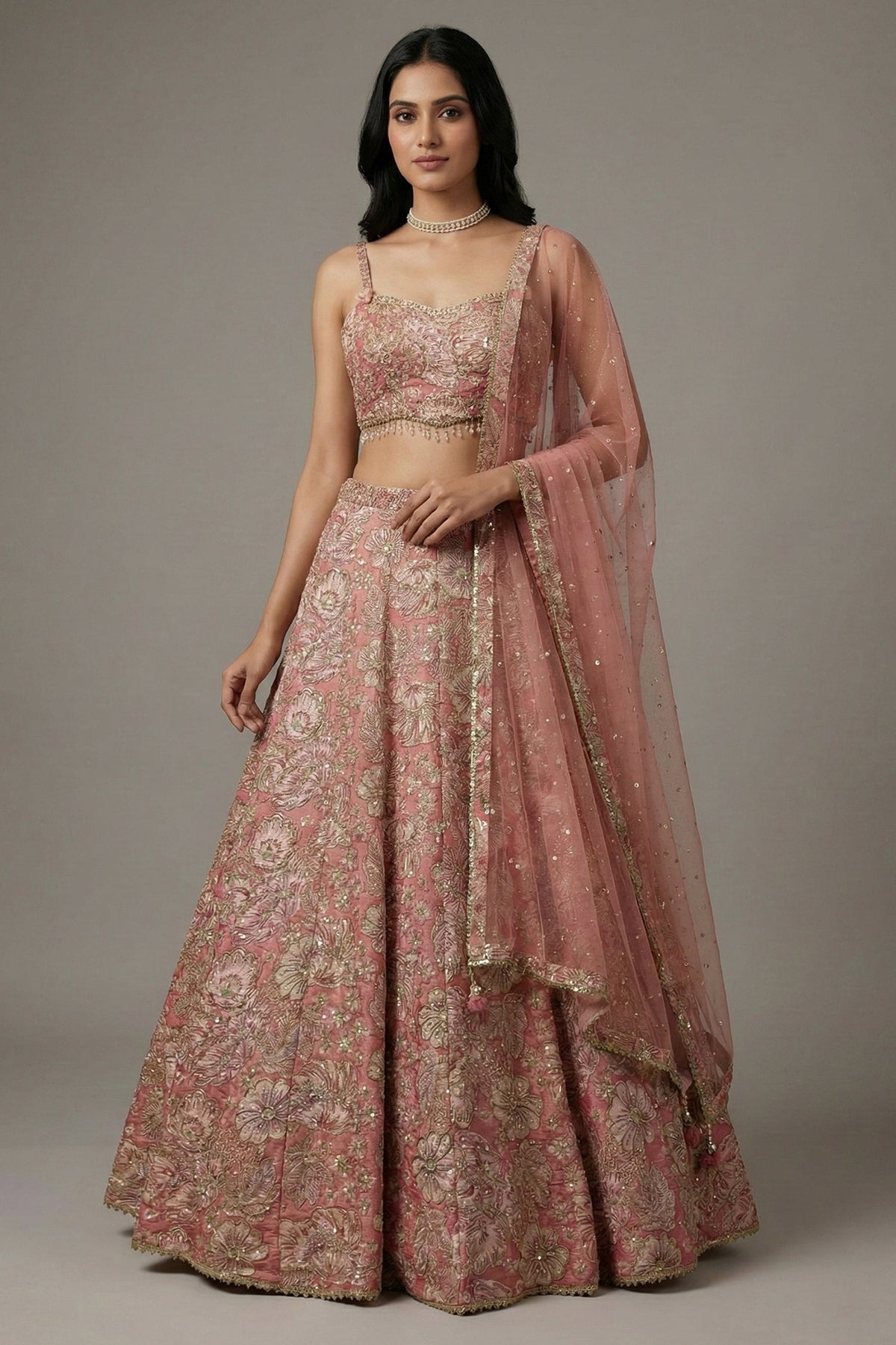 Pink Tissue Organza Floral Printed Lehenga with Cutdana Sequin Work