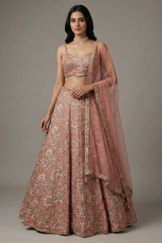 Pink Tissue Organza Floral Printed Lehenga with Cutdana Sequin Work