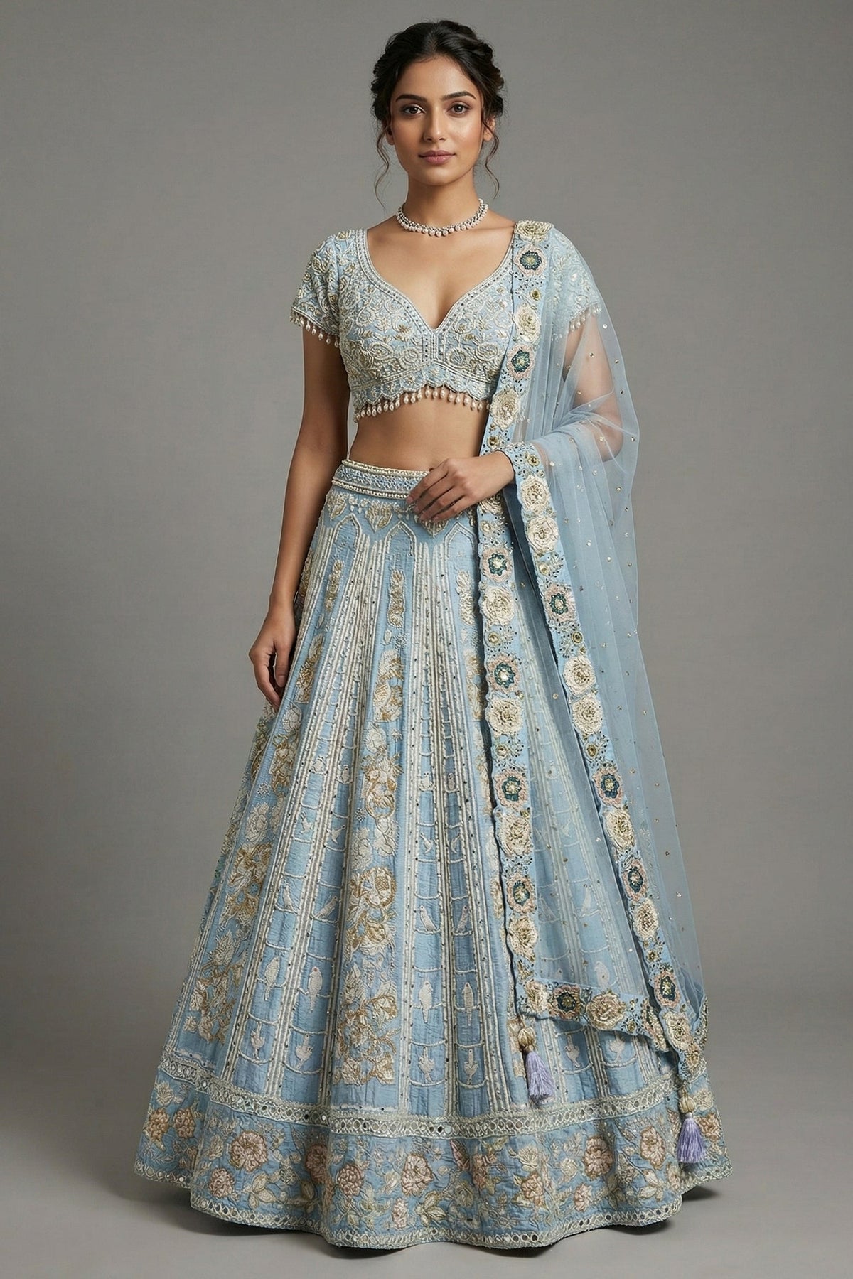 Light Blue Silk All Over Beaded and Mirror Worked Lehenga