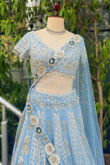 Light Blue Silk All Over Beaded and Mirror Worked Lehenga