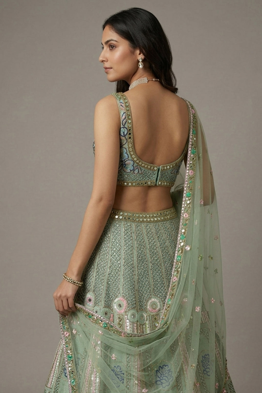 Pista Green Silk Sequin and Cutdana Worked Lehenga