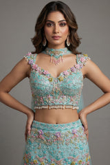Mint Blue Net Designer Sequinned and Beaded Work Fish Cut Lehenga